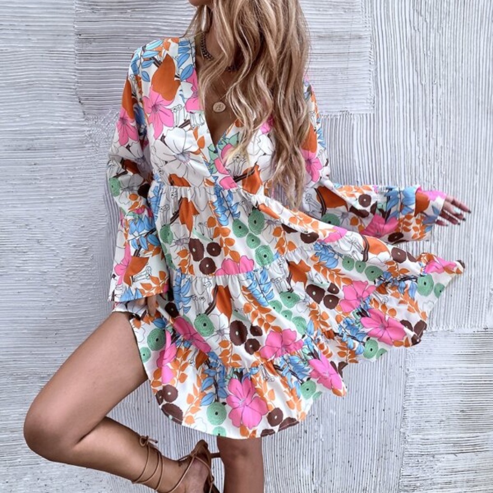 Boho Pink Floral Print Smock Ruffle Mini Dress - Picture 1 of 6